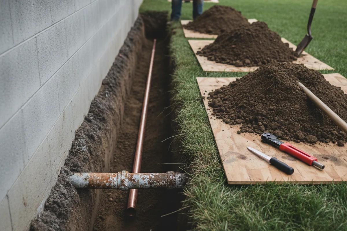 Excavated water line trench during Sewer Line Repair in Alstead